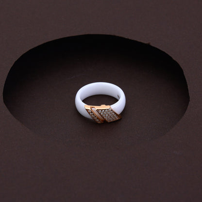 Elegant White Ceramic Ring With Rose Silver Accents