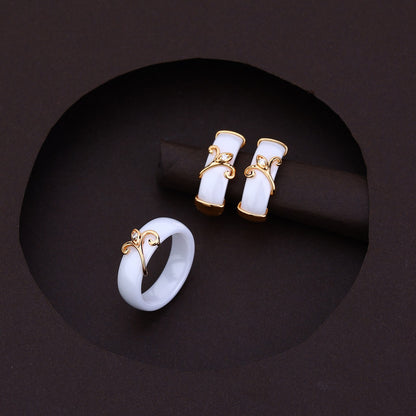 Elegant Leaf Charm White Rose Silver Set