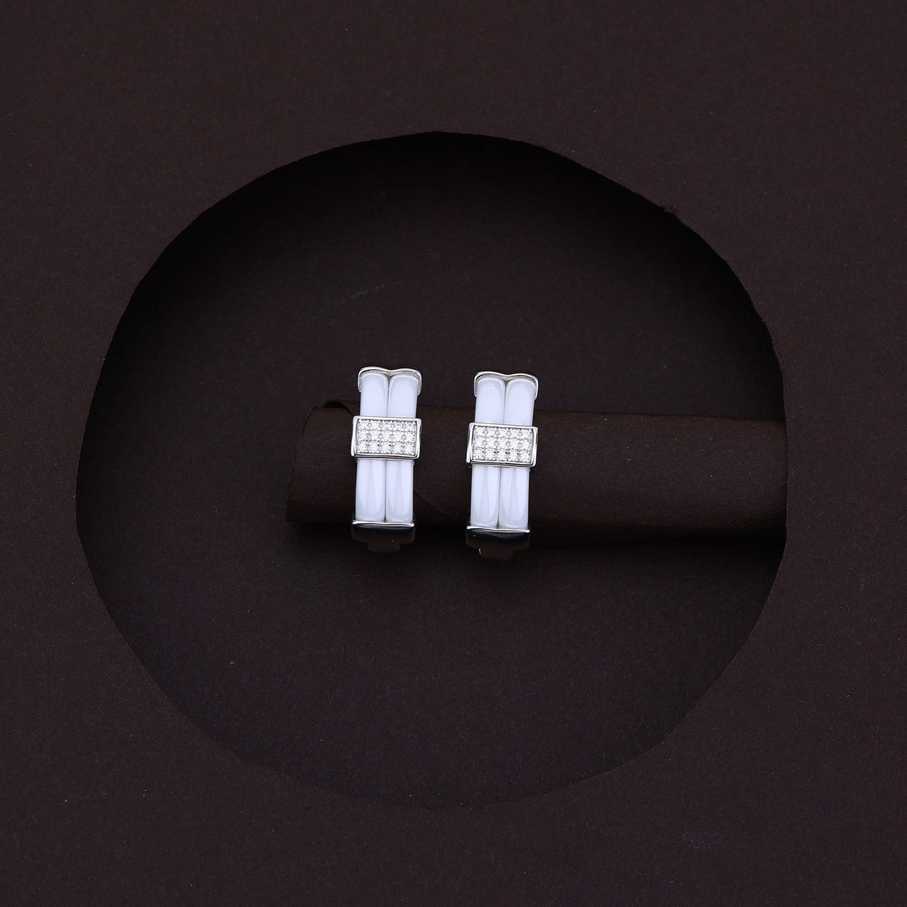 White Ceramic RectaGlow Silver Lock Earrings
