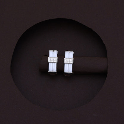 White Ceramic RectaGlow Silver Lock Earrings