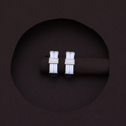 White Ceramic RectaGlow Silver Lock Earrings