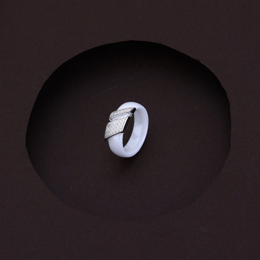 Modern White Ceramic Ring With Silver Sparkling Design