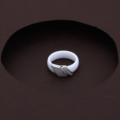 Modern White Ceramic Ring With Silver Sparkling Design