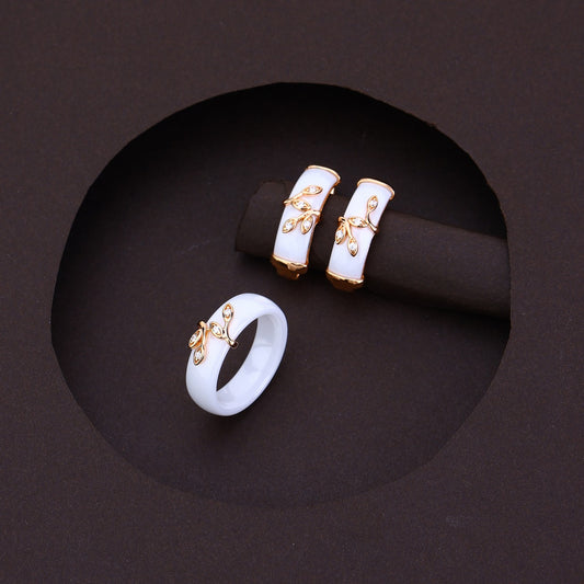 Sliver Rose Leaf Design Ring & Earrings Set