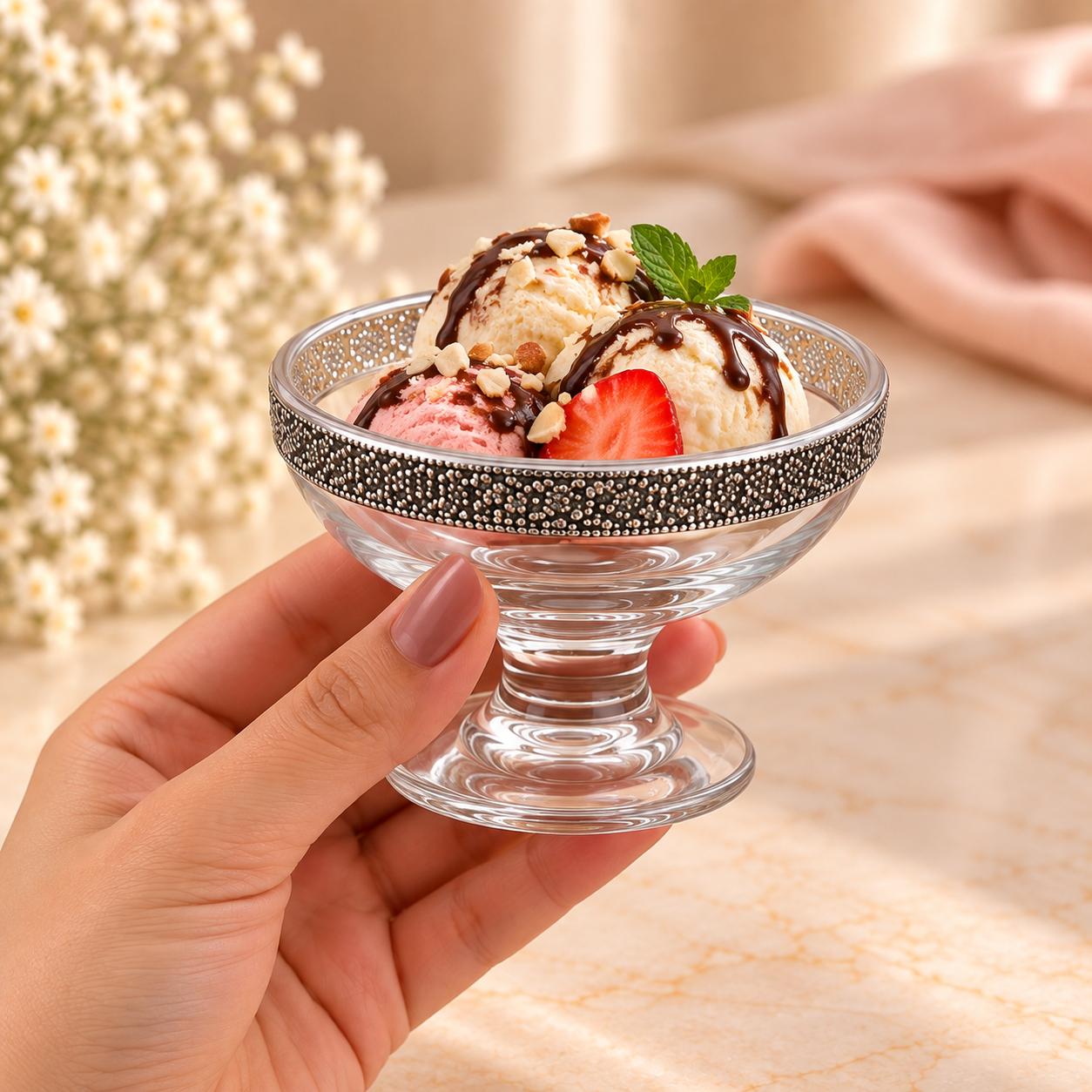 925 Silver Ice Cream Bowl & Tray Set – 6 Pcs