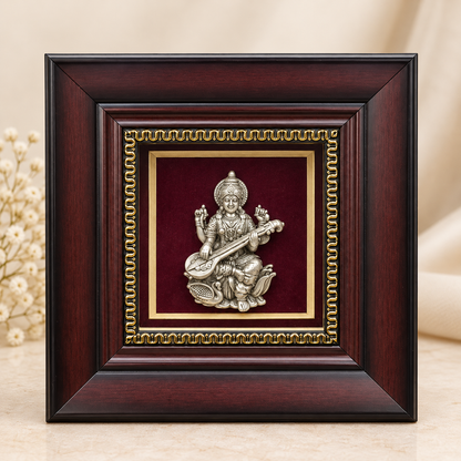 Divine 925 Silver Sarasvati Ji Premium Wooden Frame Showpiece