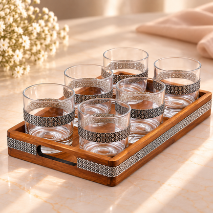 925 Silver Water Glass & Wooden Tray Set – 6 Pcs