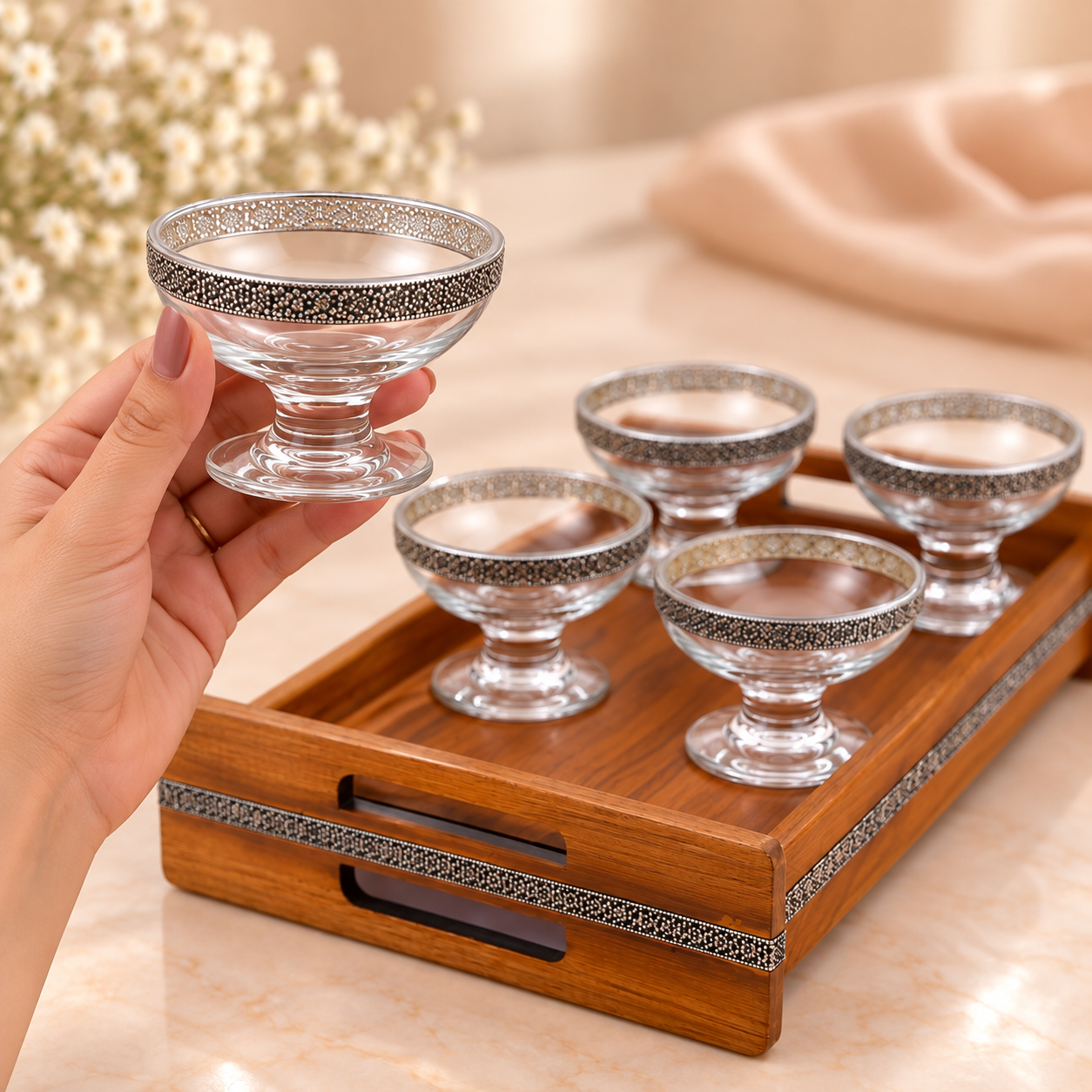 925 Silver Ice Cream Bowl & Tray Set – 6 Pcs