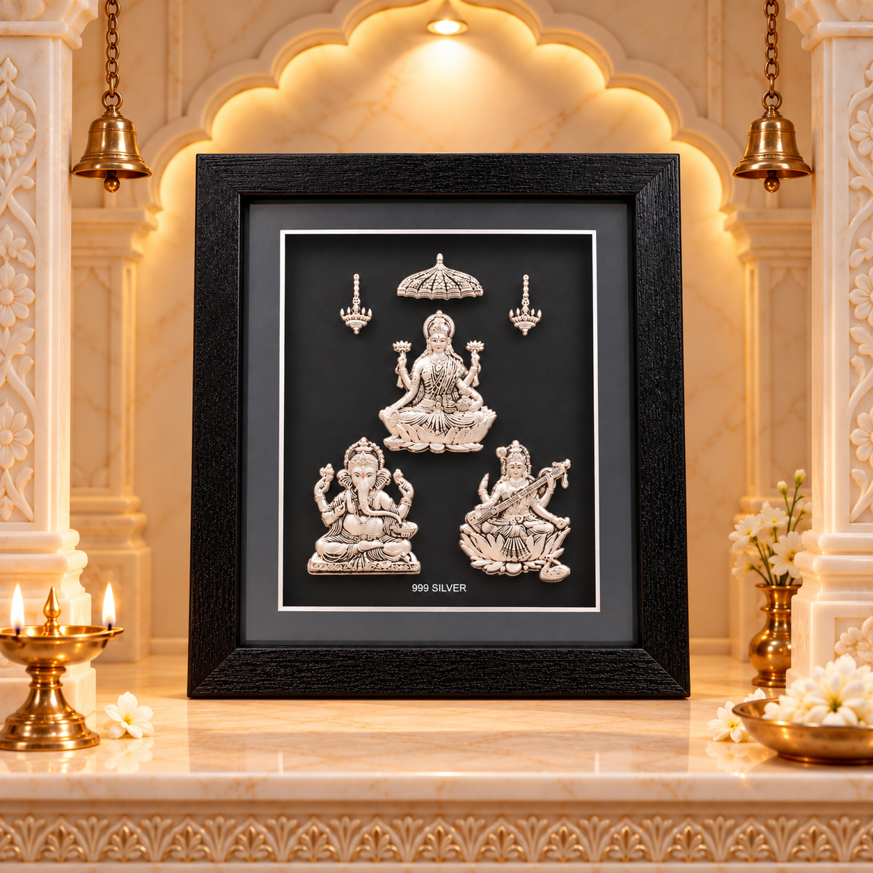 Divine 999 Silver Laxmi Ganesh Saraswati Ji Designer Frame