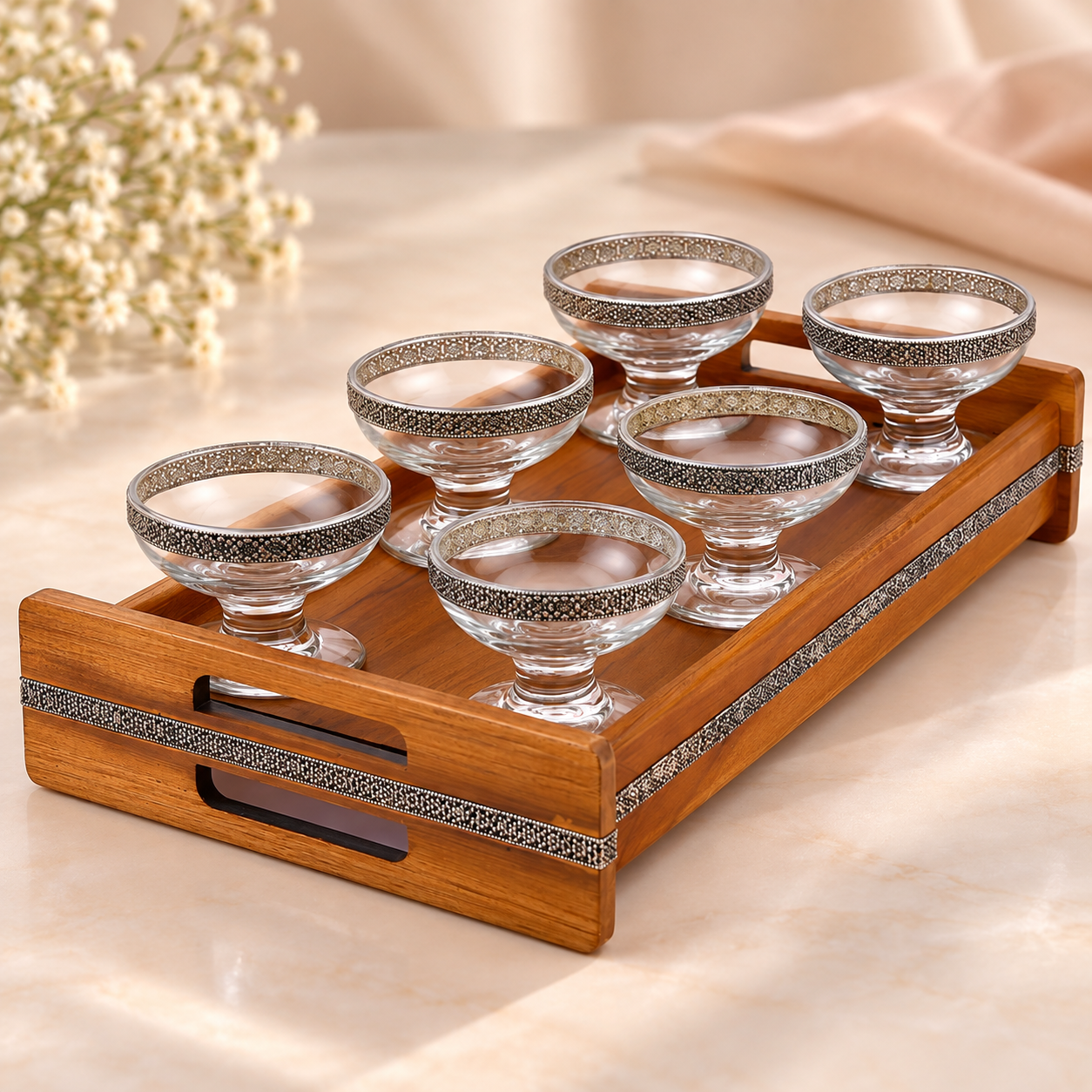 925 Silver Ice Cream Bowl & Tray Set – 6 Pcs
