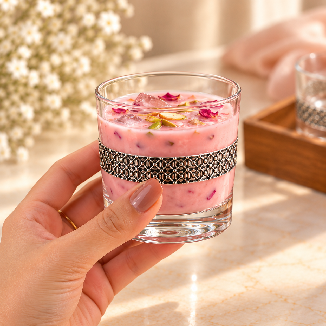 925 Silver Water Glass & Wooden Tray Set – 6 Pcs