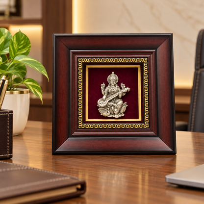 Divine 925 Silver Sarasvati Ji Premium Wooden Frame Showpiece