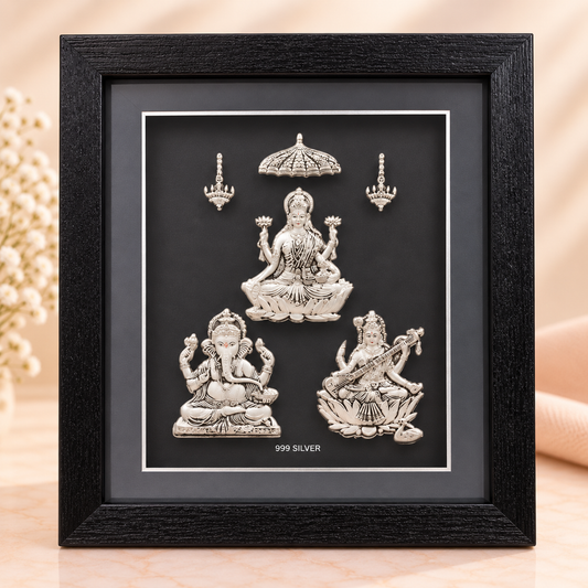 Divine 999 Silver Laxmi Ganesh Saraswati Ji Designer Frame