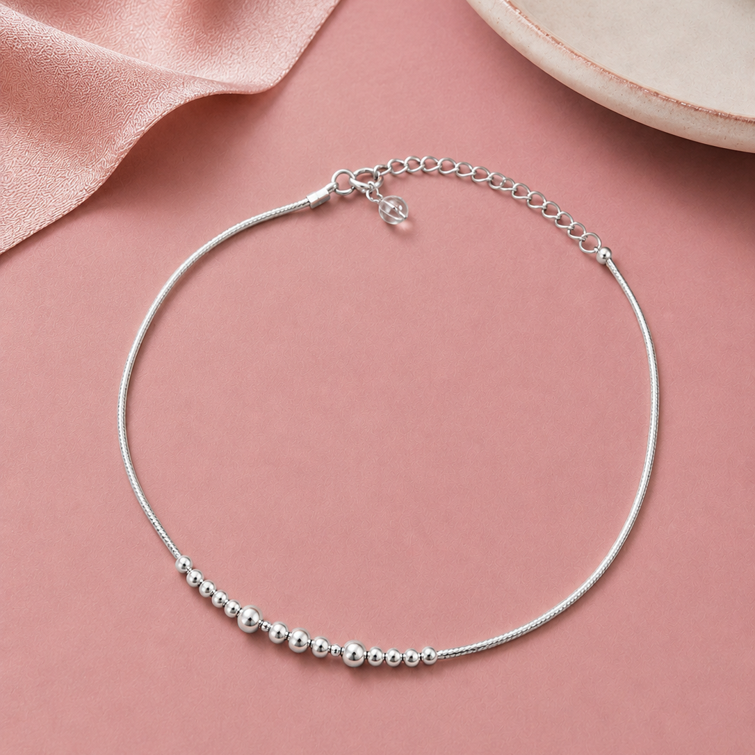 Classic Beaded Silver Anklet – Minimal Ball Chain