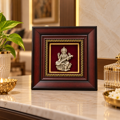 Divine 925 Silver Sarasvati Ji Premium Wooden Frame Showpiece