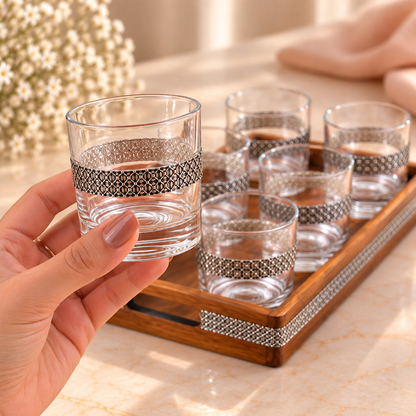 925 Silver Water Glass & Wooden Tray Set – 6 Pcs