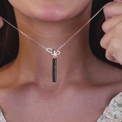 Noir Ribbon Drop- 925 Rose Silver Ceramic Necklace