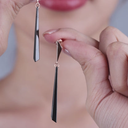 Origami Noir- Sleek Geometric Long Drop Rose Silver Earrings