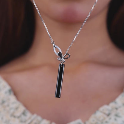 Black Ceramic Ribbon Charm Necklace- 925 Silver