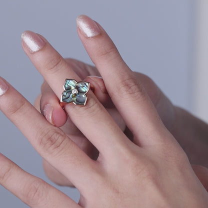 Silver Rose Abalone Clover Ring & Earring Set